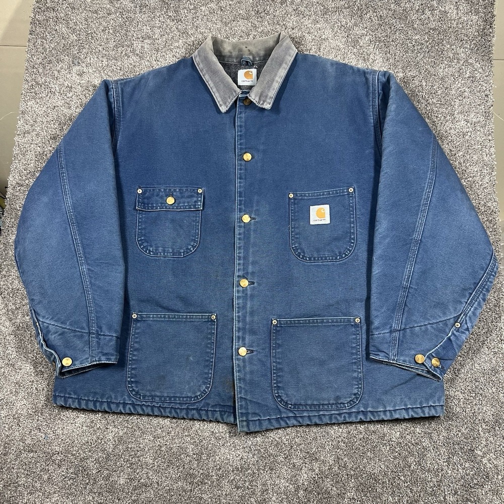 Vintage 90s Carhartt Chore Jacket 2XL Faded Blue Canvas Barn Coat Blanket Lined